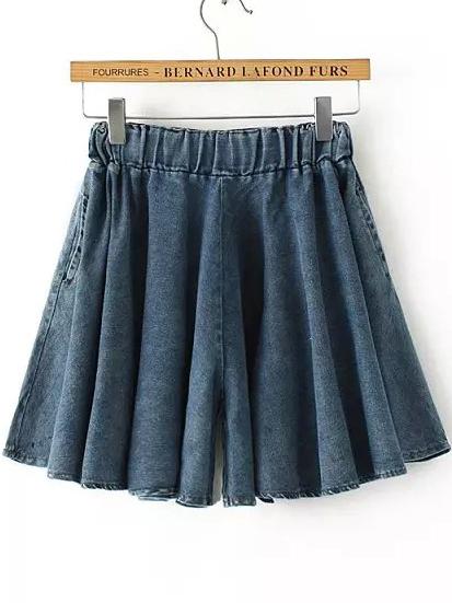 Romwe Blue Elastic Waist Pleated Denim Shorts