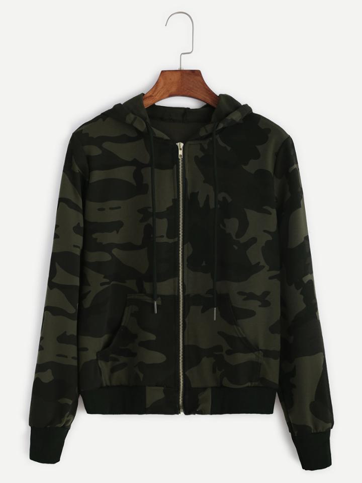 Romwe Camo Print Zip Up Drawstring Hooded Jacket