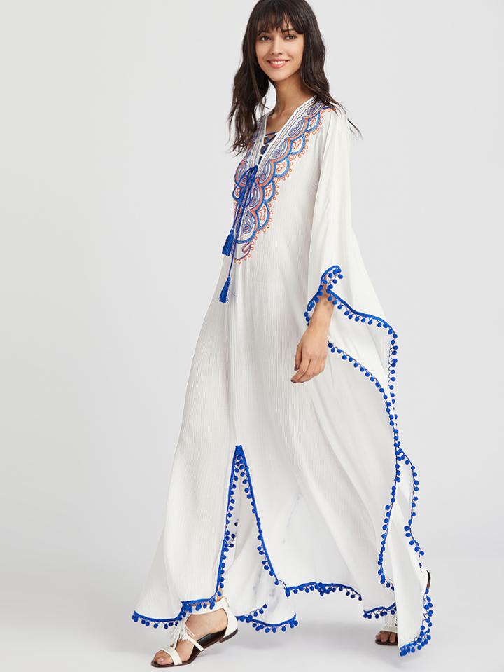 Romwe Pom Pom Trim Lace Up Cutout Back Embroidered Poncho Dress