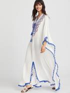 Romwe Pom Pom Trim Lace Up Cutout Back Embroidered Poncho Dress