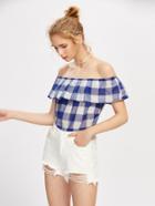 Romwe Check Plaid Flounce Layered Neckline Top