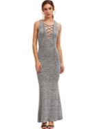 Romwe Grey Sleeveless Lace Up Maxi Dress