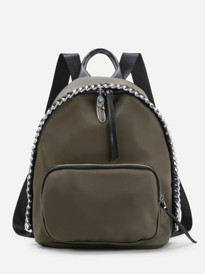 Romwe Leaf Detail Chain Around Nylon Backpack