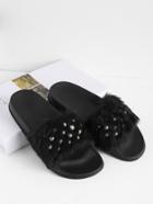 Romwe Faux Fur Flat Slippers With Faux Pearl