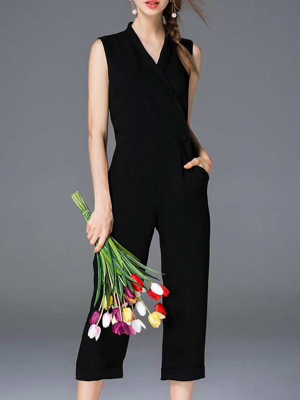 Romwe Black V Neck Pockets Jumpsuit