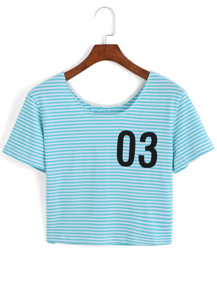Romwe Striped 03 Print Crop T-shirt
