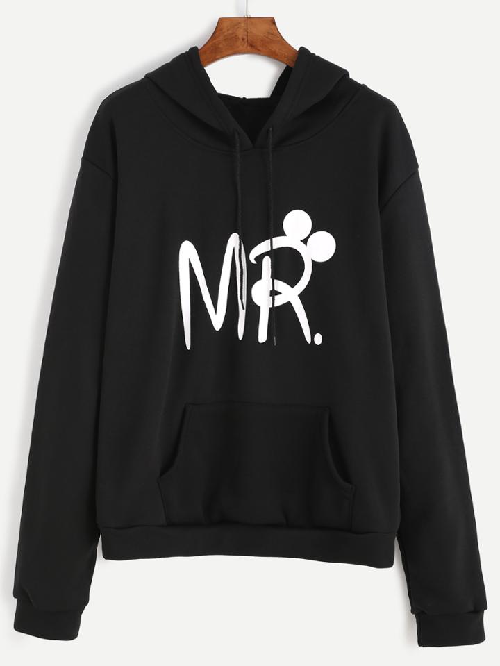 Romwe Black Letter Print Hoodie Sweatshirt