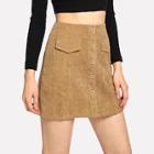 Romwe Solid Single Breasted Corduroy Skirt