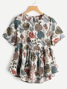 Romwe Palm Leaf Keyhole Back Dip Hem Smock Blouse