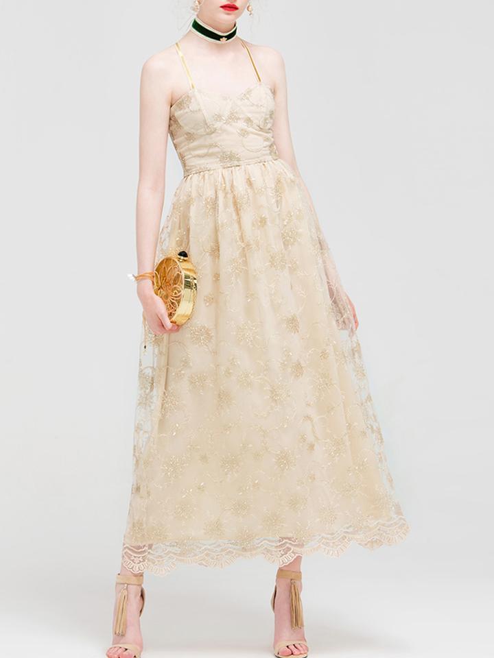 Romwe Apricot Spaghetti Strap Gauze Embroidered Maxi Dress