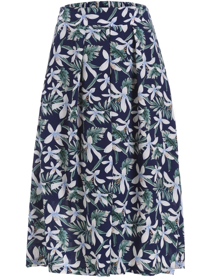 Romwe Elastic Waist Flower Print Wide Leg Pant