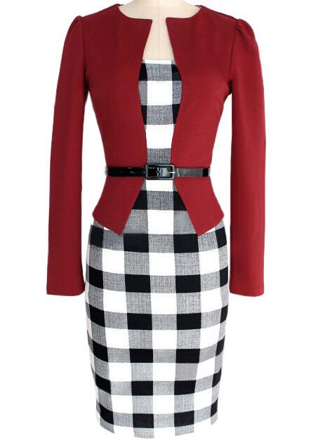 Romwe Long Sleeve Plaid Slim Red Dress