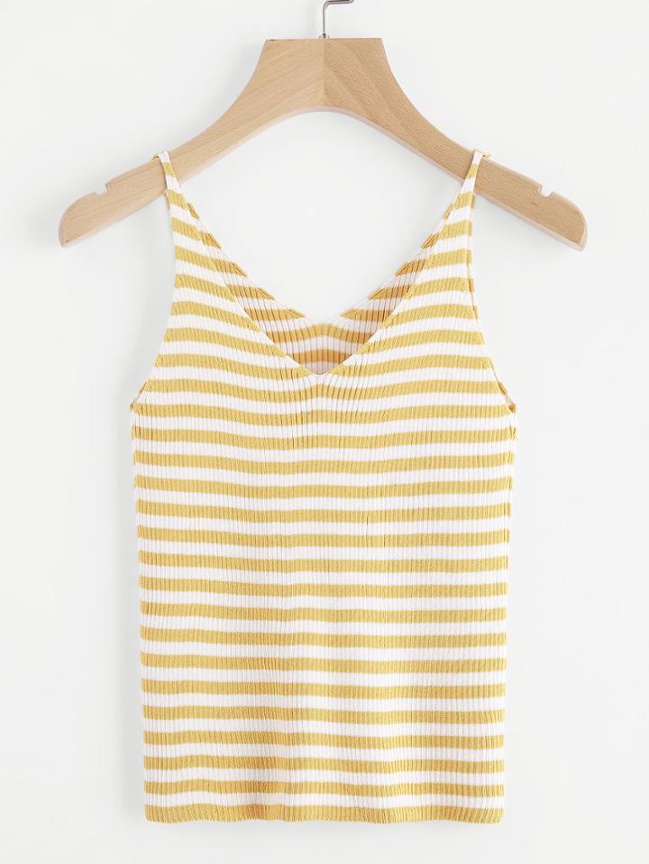 Romwe Double V Neckline Stripe Ribbed Cami Top