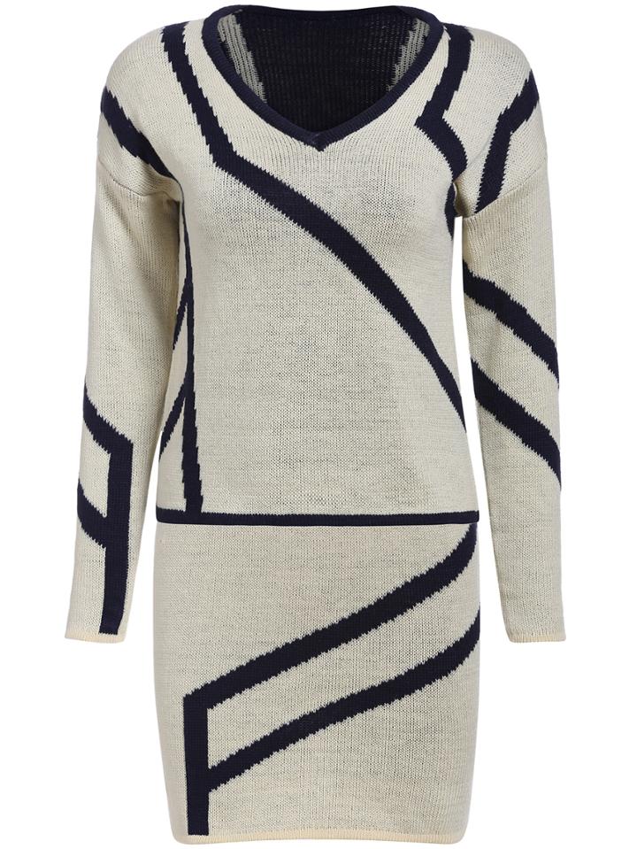 Romwe V Neck Striped Sweater With Bodycon Beige Skirt