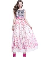 Romwe Pink Sleeveless Leopard Floral Full Length Dress