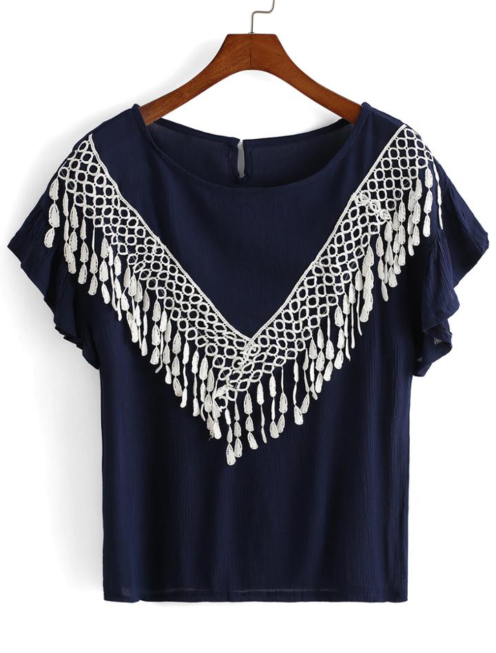 Romwe Contrast Tassel Short Sleeve Top