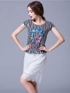 Romwe Contrast Lace Vertical Striped Peplum Waist Dress