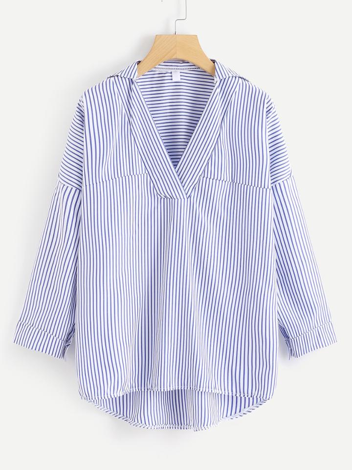 Romwe V Neckline Dip Hem Striped Top