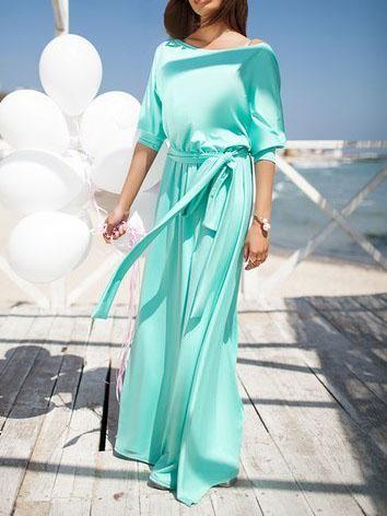 Romwe Open Back Maxi Blue Dress With Belt