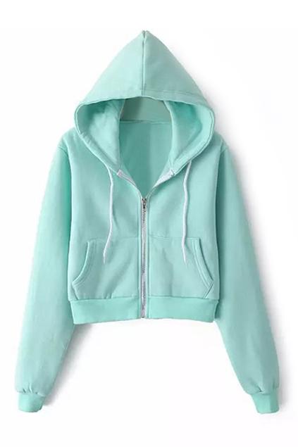 Romwe Hoodied Sheer Green Midriff Sweatshirt