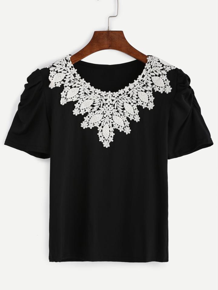 Romwe Black Shirred Sleeve Applique T-shirt