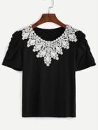Romwe Black Shirred Sleeve Applique T-shirt
