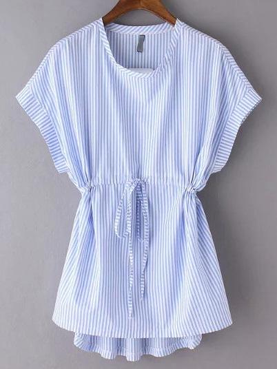 Romwe Blue Striped Tie Waist Cap Sleeve T-shirt