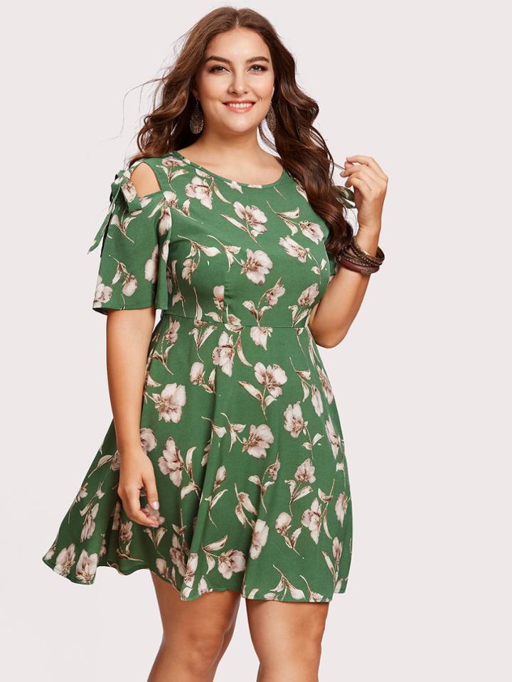 Romwe Tied Cut Out Shoulder Fitted & Flared Dress