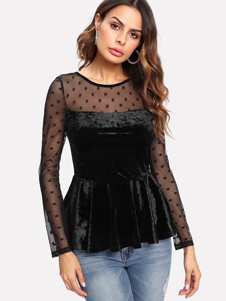 Romwe Dot Mesh Shoulder Velvet Peplum Top