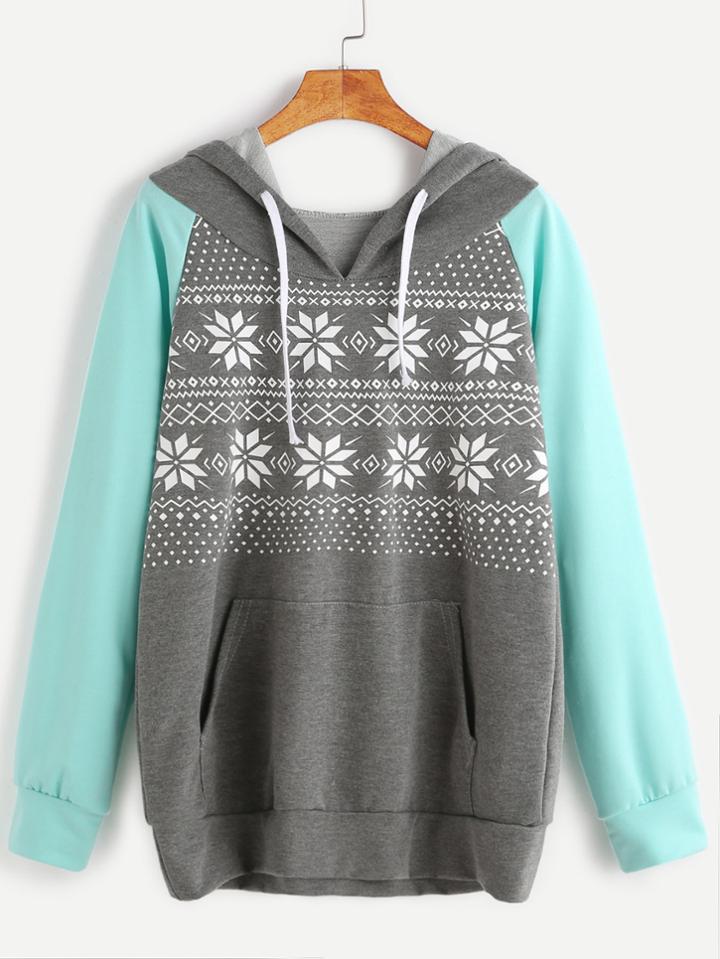 Romwe Printed Contrast Raglan Sleeve Drawstring Hooded Pocket Sweatshirt