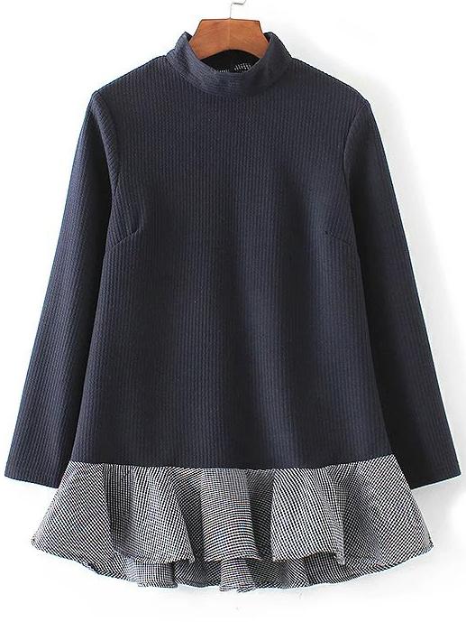 Romwe Band Neck Contrast Ruffle Hem Blouse