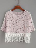 Romwe Pink Floral Print Fringe Crochet Trim Top