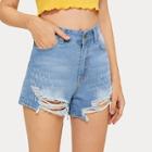 Romwe Ripped Button And Pocket Detail Denim Shorts