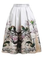 Romwe Bird And Branch Print Box Pleated Midi Skirt