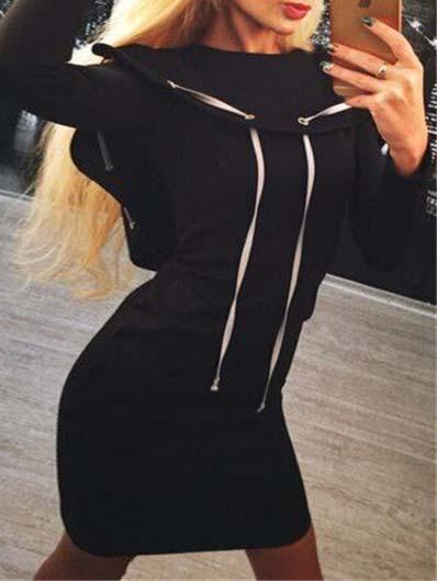 Romwe Hooded Long Sleeve Ribbon Black Sweatshirt Dress