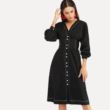 Romwe Stitch Trim Button Through Corset Midi Dress