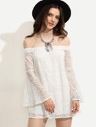Romwe White Bell Sleeve Lace Crochet Overlay Dress
