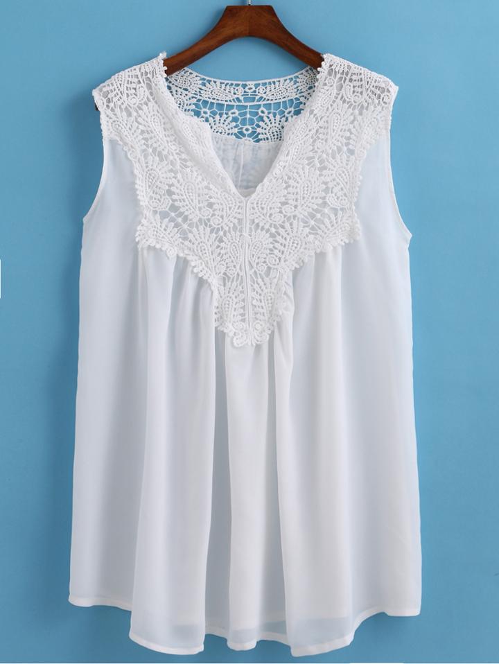 Romwe V Neck Lace Chiffon Tank Top