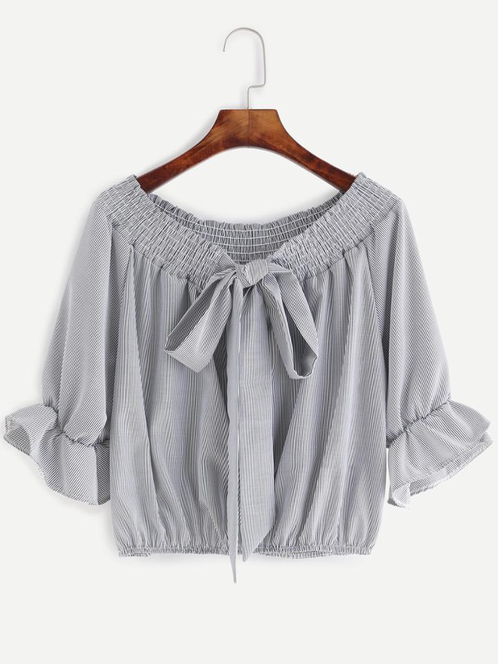 Romwe Black Vertical Striped Smocked Tie Neck Ruffle Blouse