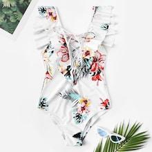 Romwe Random Tropical Ruffle Lace-up One Piece Swim