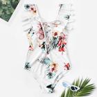 Romwe Random Tropical Ruffle Lace-up One Piece Swim