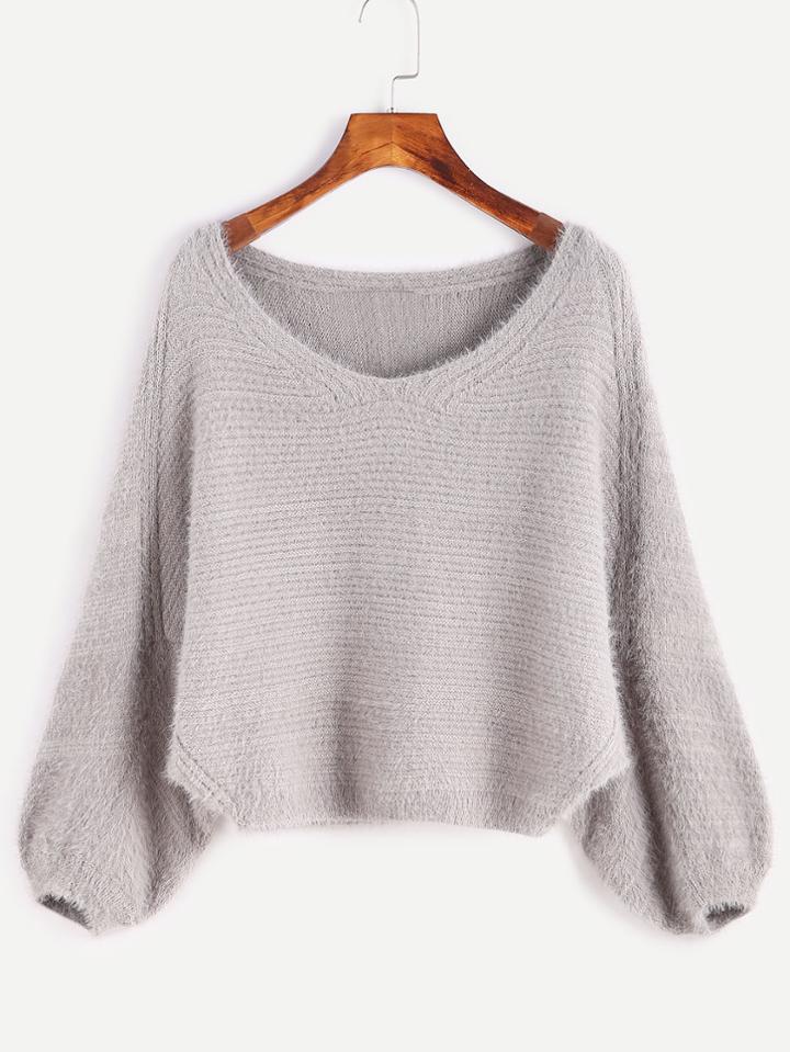 Romwe Grey Batwing Sleeve Slit Side Fuzzy Sweater