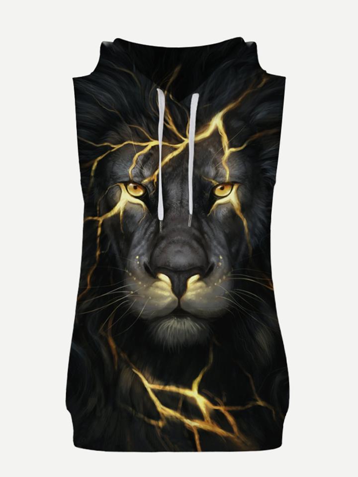 Romwe Men Tiger Print Sleeveless Hoodie