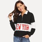 Romwe Zip Front Collar Letter Print Sweatshirt