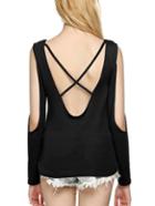 Romwe Black Split Sleeve Lattice Back T-shirt