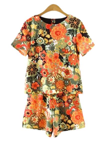 Romwe Multicolor Split Back Short Sleeve Print Romper