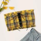 Romwe Tartan Plaid Lace-up Frill Trim Tube Top