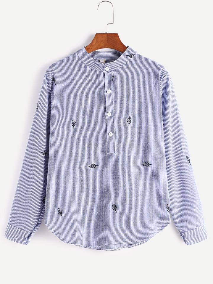 Romwe Vertical Striped Dip Hem Leaf Embroidery Half Placket Shirt