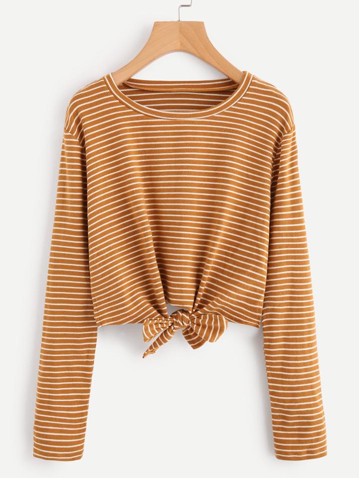 Romwe Striped Knot Front T-shirt