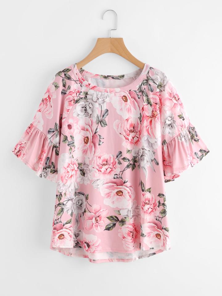 Romwe Random Florals Frill Sleeve T-shirt